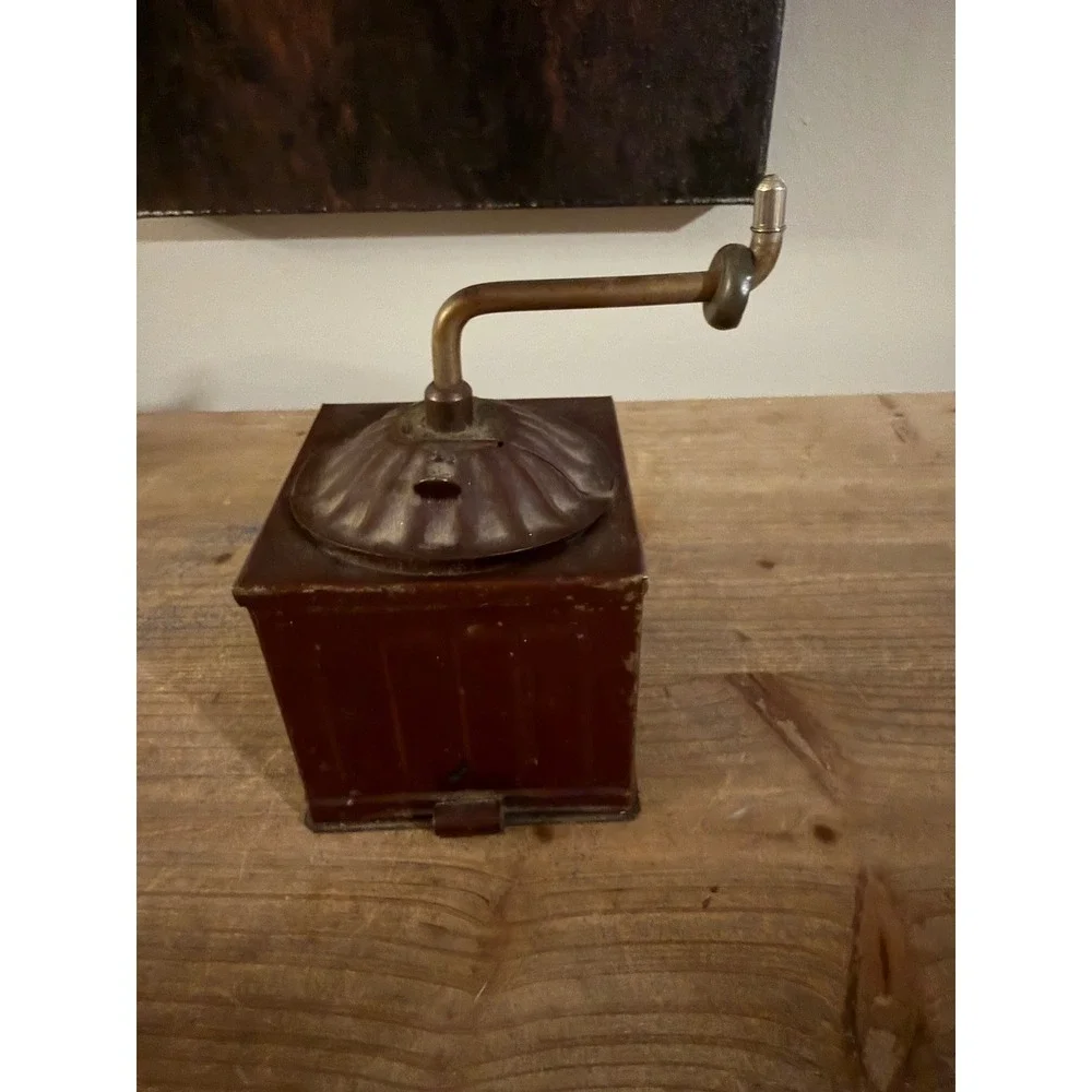 Antique Manual Coffee Grinder Primitive Metal‎ Box Hand Crank Rustic Red Decor