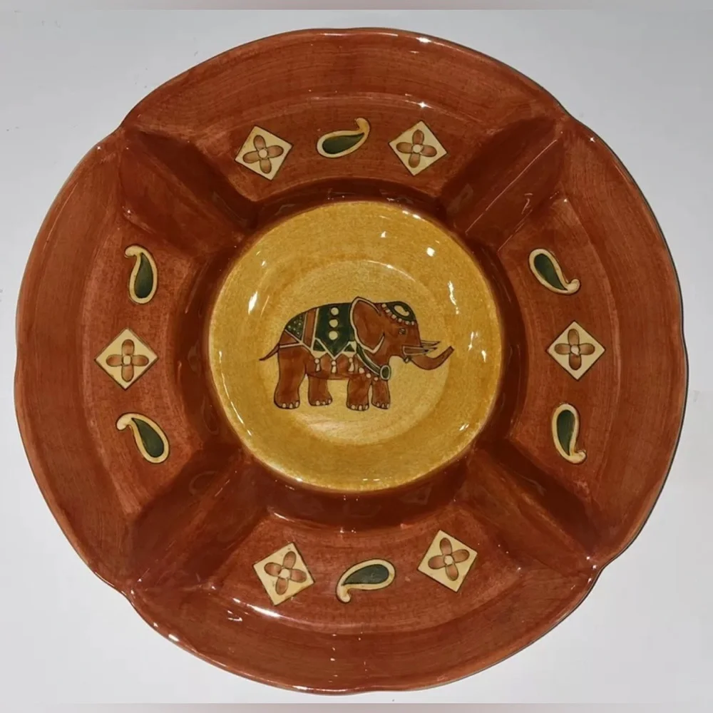 Pier 1 Chip & Dip Serving Platter Bowl Terracotta Batik Elephant 13