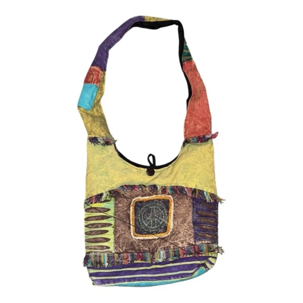 Boho Shoulder‎ crossbody satchel bag Boho Patchwork Multicolor Fringe Button