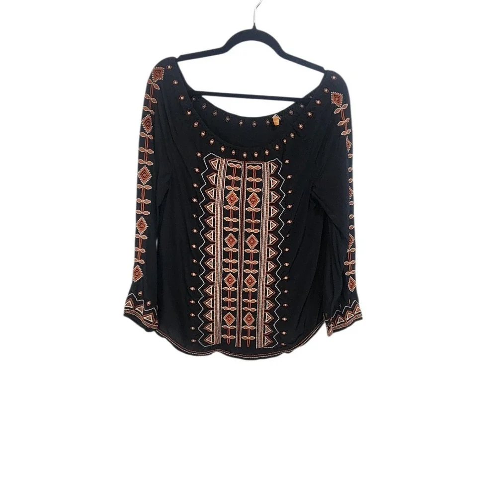 Tory‎ Burch Embroidered Black Long Sleeve Blouse Shirt Size 4 Boho Southwestern