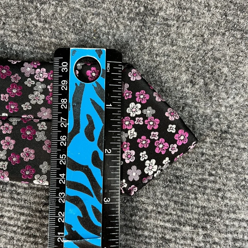 Bespoke New York Mens Necktie Black Pink Purple Floral Flower Print Polyester