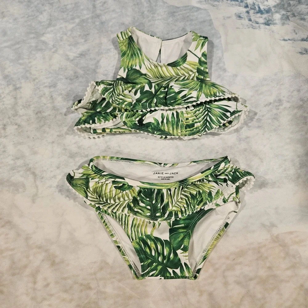 Janie and Jack Baby Girl 2 Pc‎ Swimsuit 18–24M Green Tropical Bikini Set