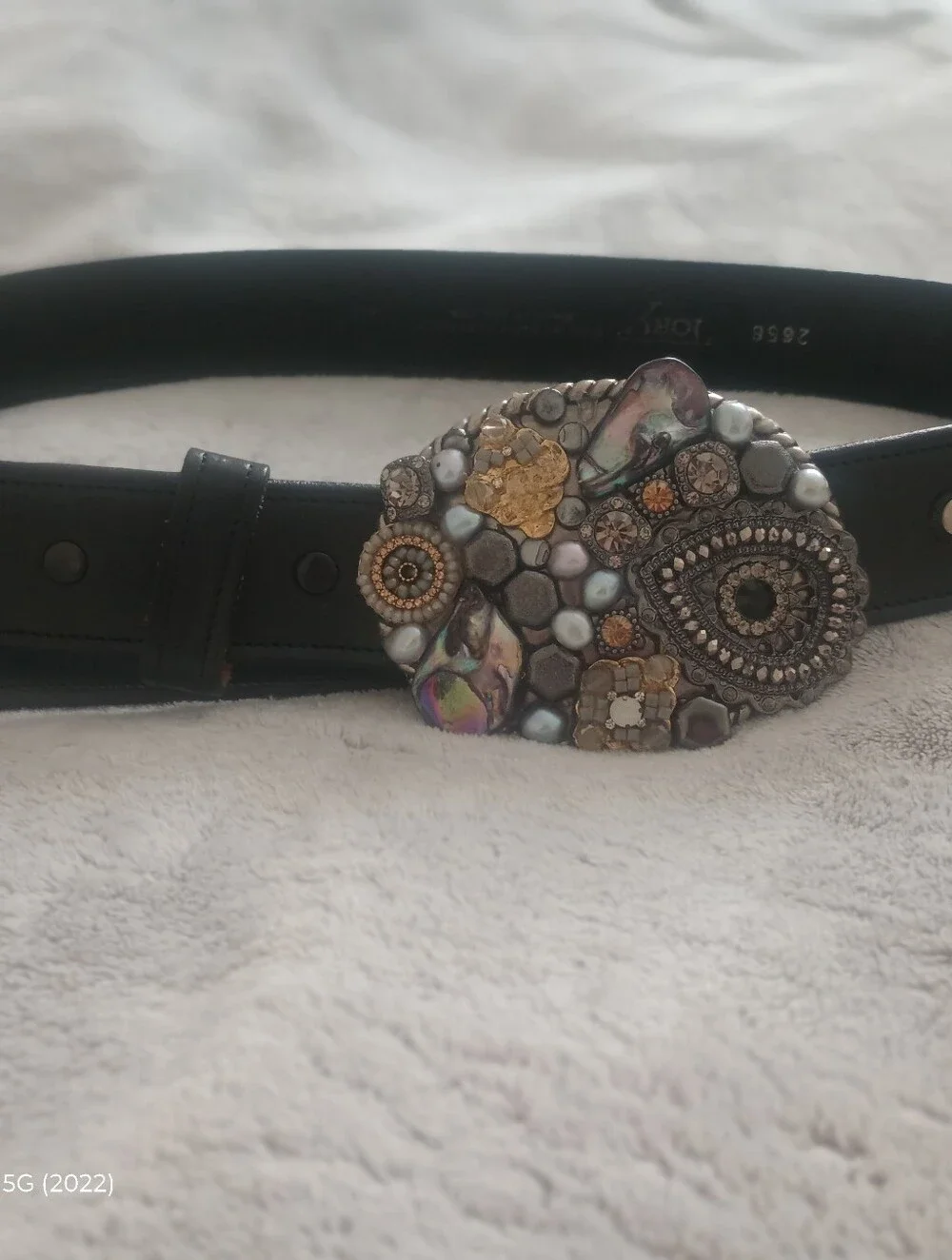 Stacy Bradley Mosaic Buckle On Tory English Bridle Black Leather Belt Size 30