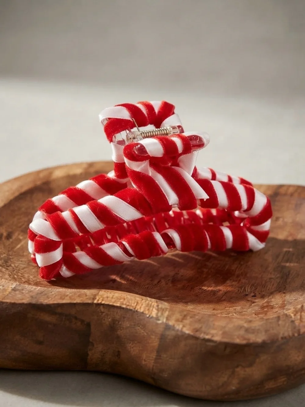 Red & White Striped Velvet Hair Claw Clip
