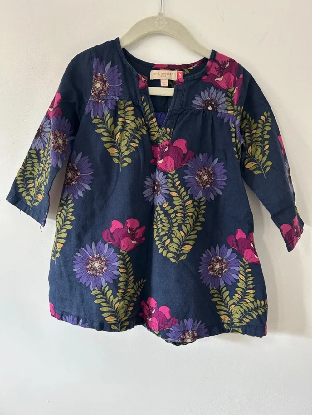 Pink Chicken Dress Girls 3Y Navy Floral Playful Long Sleeve Tunic