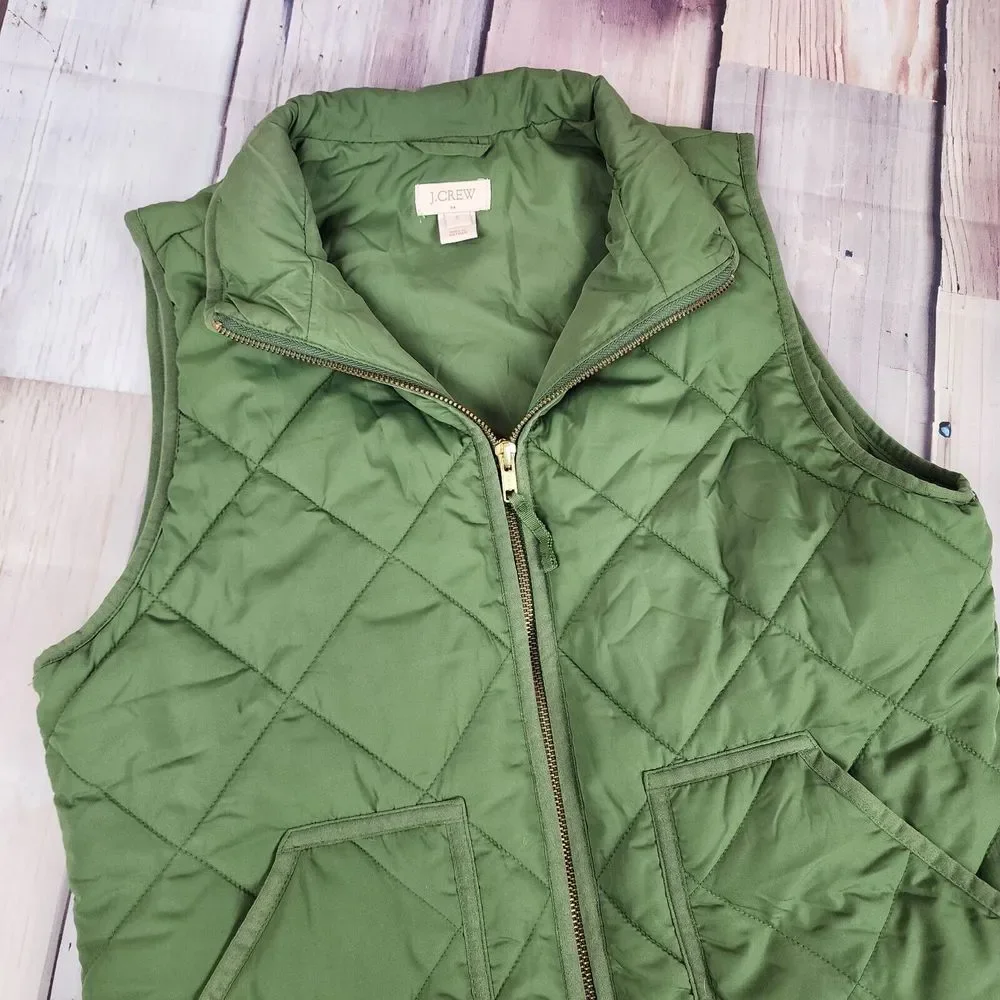J Crew Size‎ Small Factory Quilted Puffer Vest Green Full Zip G7520 Snap Pockets