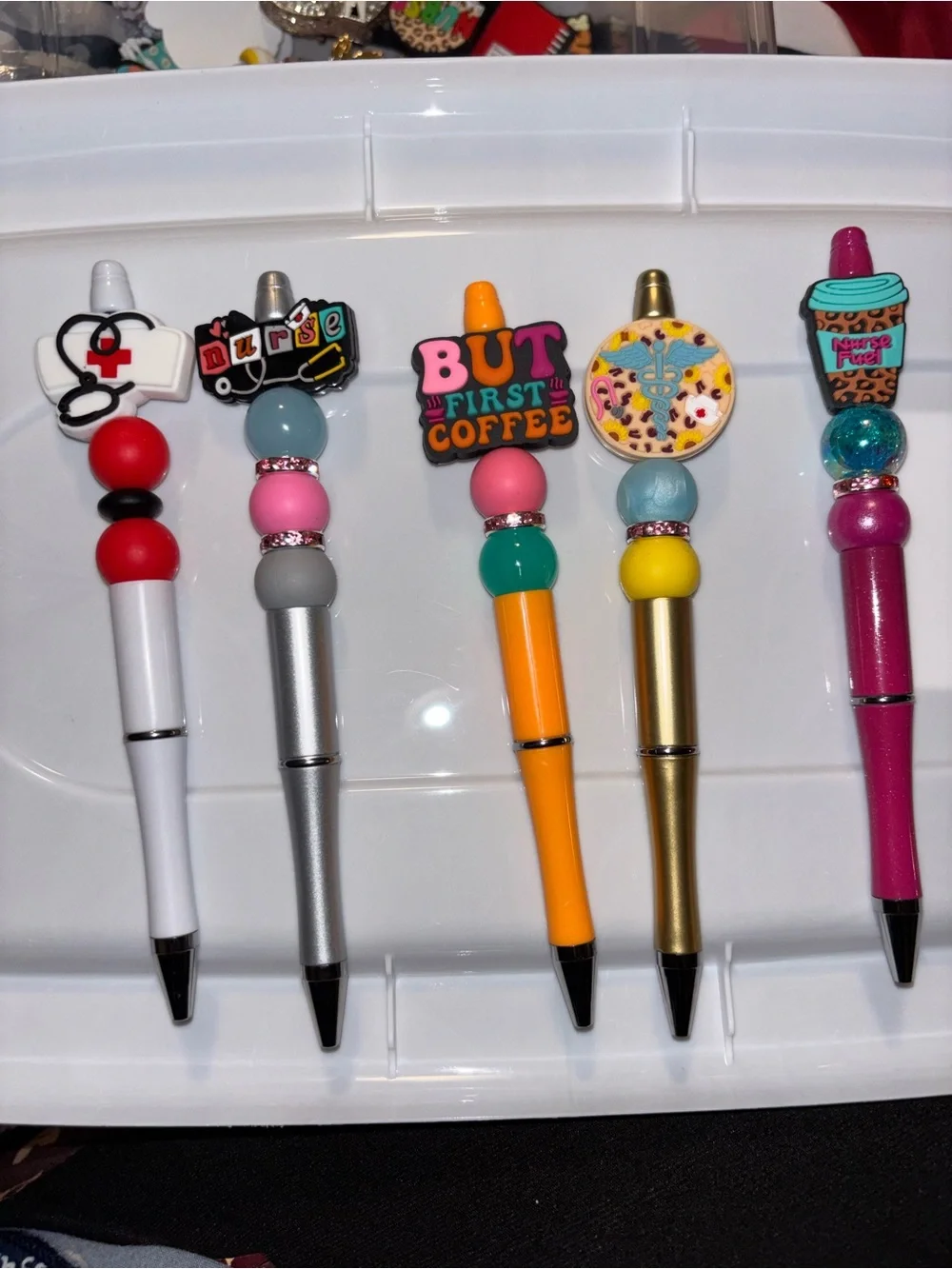 Colorful Novelty Pens with Fun Toppers - Pink, Gold, Orange, White, Silver 12pc