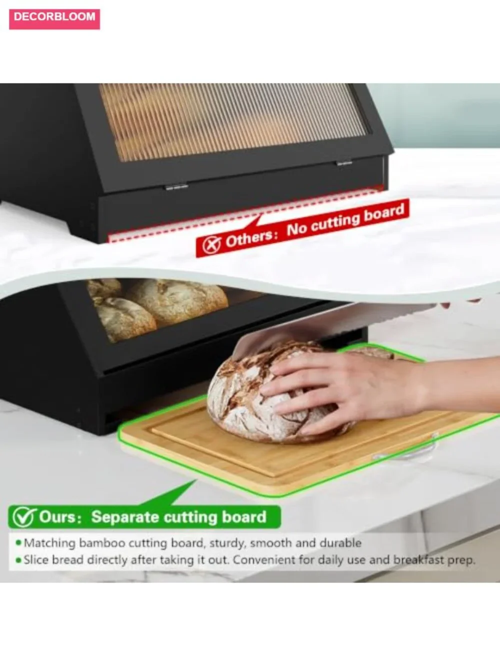 Roll Top Bamboo Bread Box with Removable Cutting Board, 2 Tier, Large Capacity