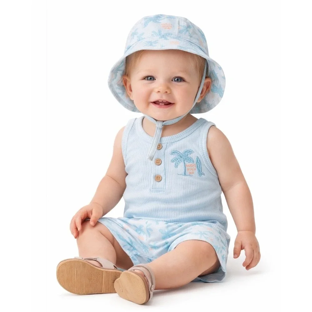 CHICKPEA 3 Piece Palm Tree Tank Shorts Hat Set 6-9M Blue‎ Tropical NWT