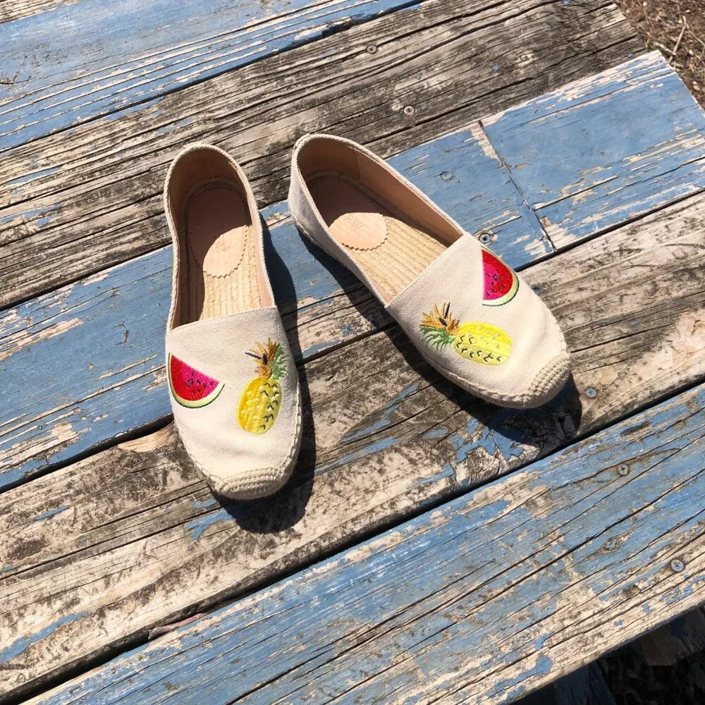 J Crew Canvas Espadrilles with Stitched Fruit Design, Size 9.5