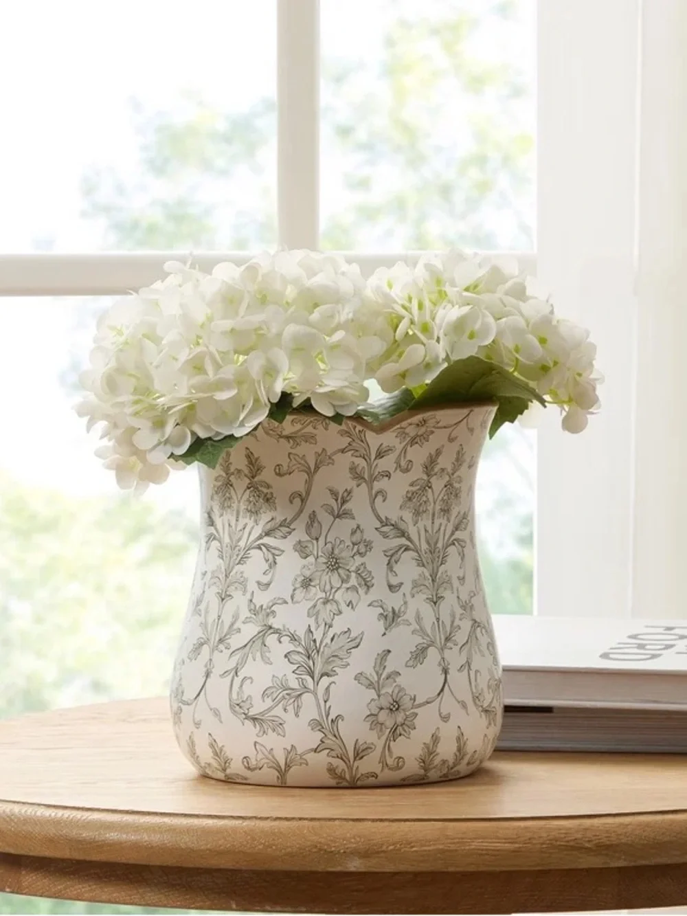 My Texas House 8” White/Green Floral Scallop Trim Ceramic Vase