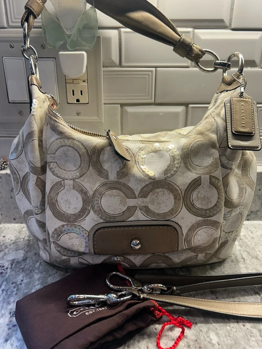 Coach Kristin Hobo Sequins Vintage Tan & Cream Shoulder Bag