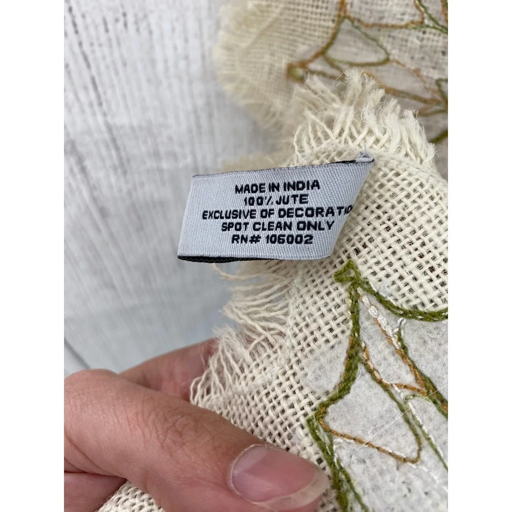 Nicole Miller Home Table Runner Fall 16x54 Cream Jute Beaded Embroidered Leaves