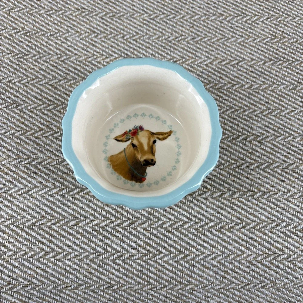 Pioneer Woman Ramekin‎ Cow Plaid Blue Gingham Design Custard