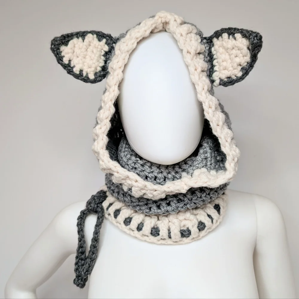 Handmade Crochet Gray & Cream Wolf Head Cowl Hood Scarf With Ears Beenie Hat