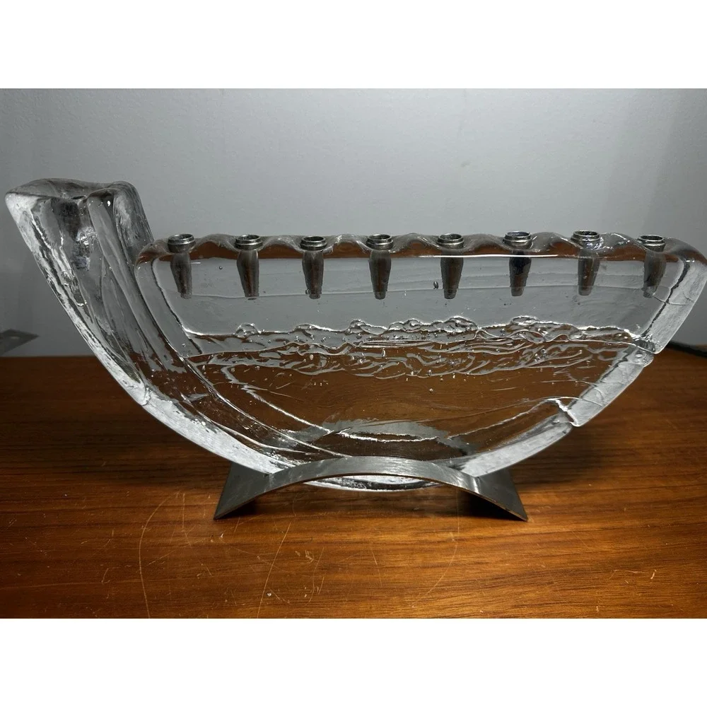 Joel & Candace Glasslight Studio Art Glass Shofar Wave Menorah Hanukkah~Signed
