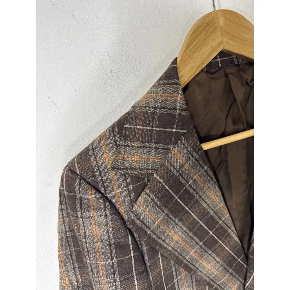 Vintage 70s Glenguard Wool Plaid Sport Coat Brown Orange Check‎ Men 40 WKRP Herb