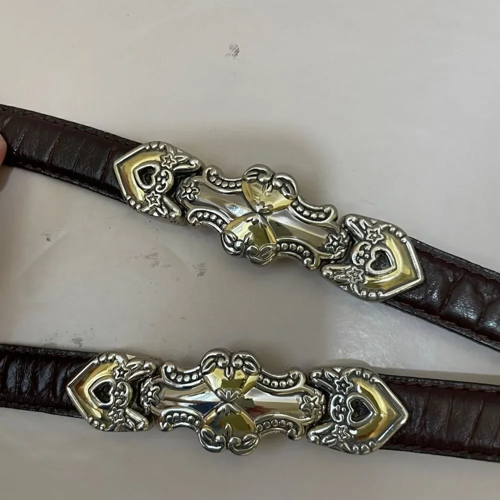 VINTAGE BROWN‎ LEATHER BELT WITH GOLD AND SILVER TONE ACCENTS