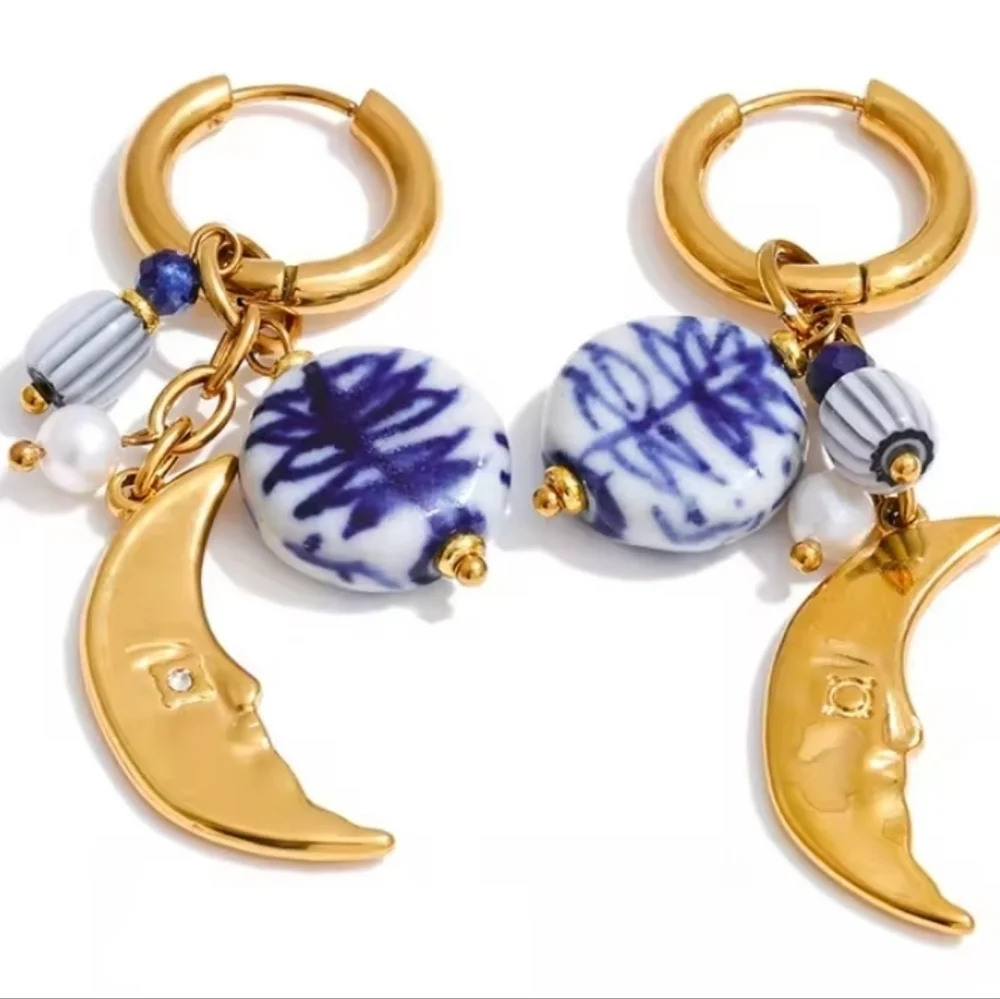 Gold Moon Blue Ceramic Charm Huggie Hoop Earrings | NWOT