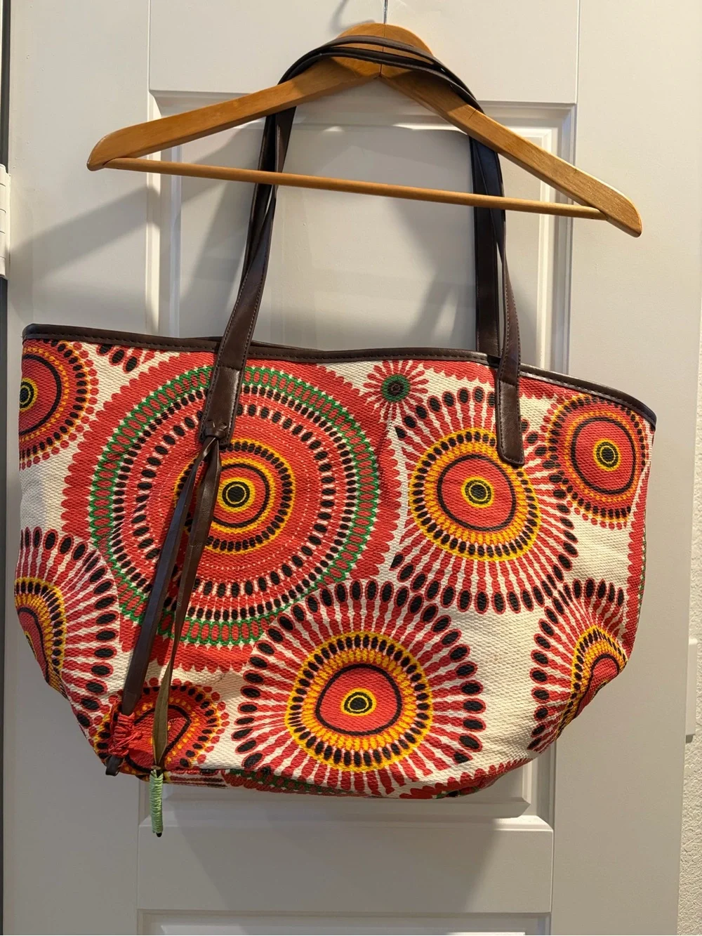 Neiman Marcus Multicolor Circular Print Tote - Red, Yellow, Green, Brown