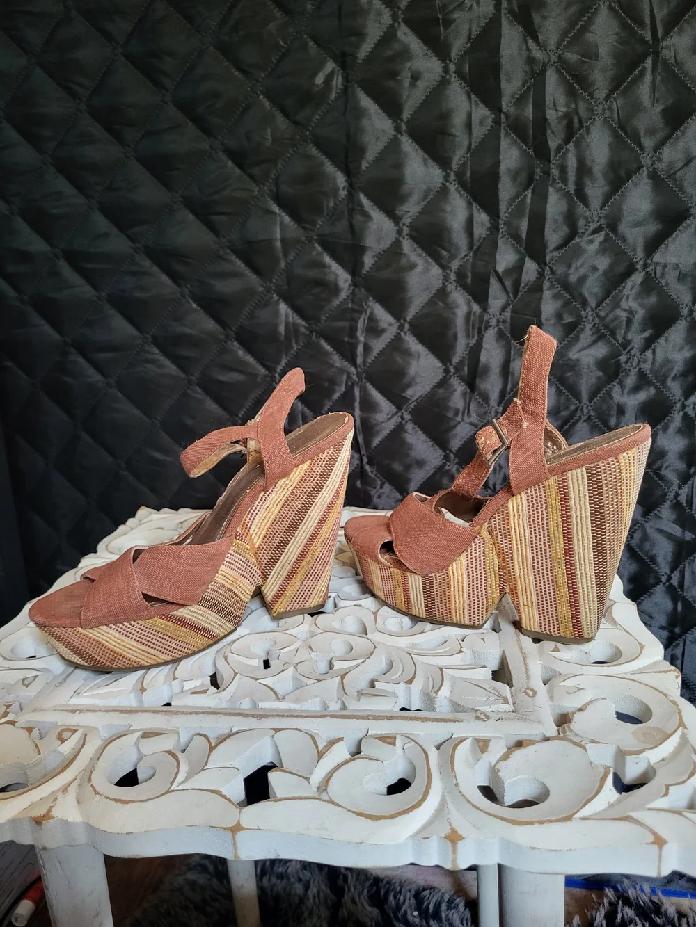 BCBG Rust and Multi-Stripe Platform Wedge Sandals