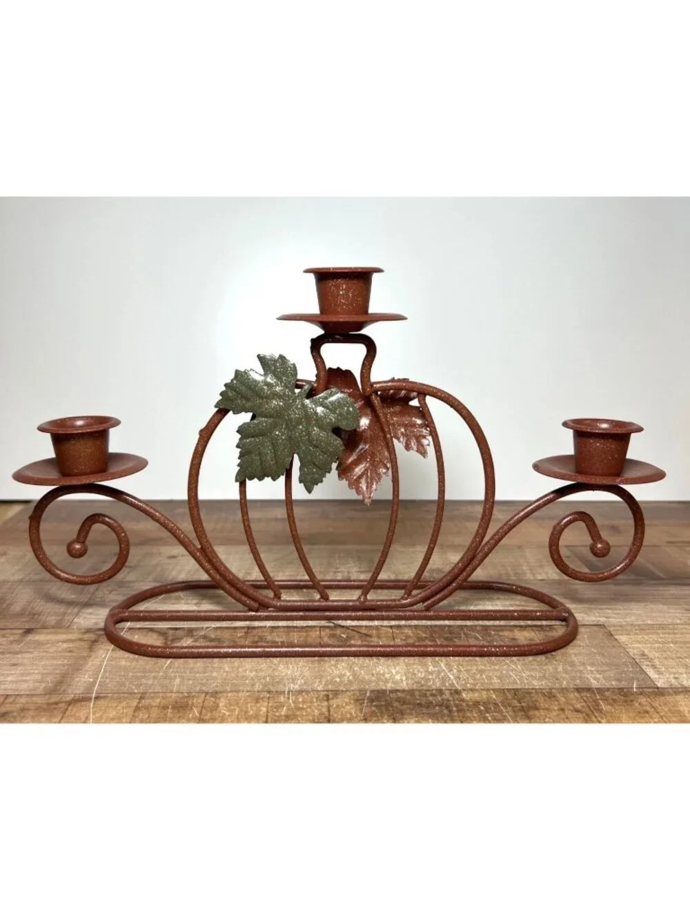 Pumpkin-Shaped Metal Candle Holder With Autumn Leaf Accents For 3 Taper Candles
