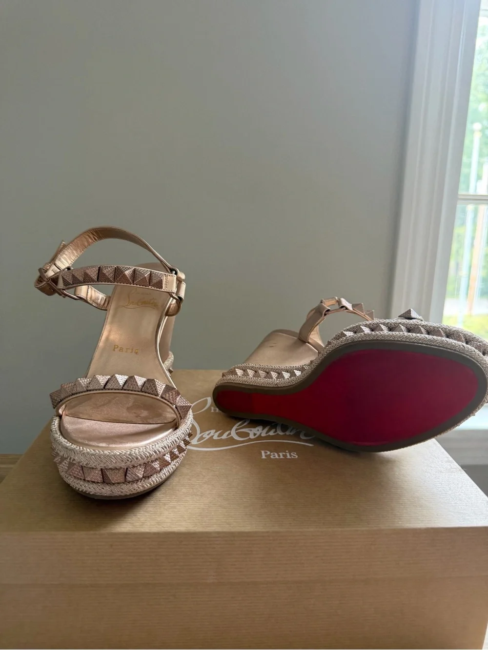 Christian Louboutin Rose Gold Studded Espadrille Wedges