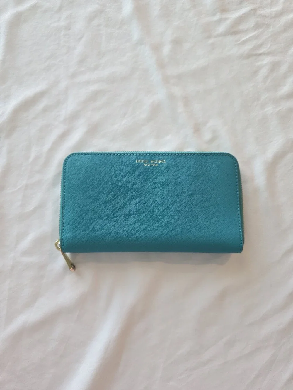 Henri Bendel Blue Saffiano Leather Zip Around Wallet