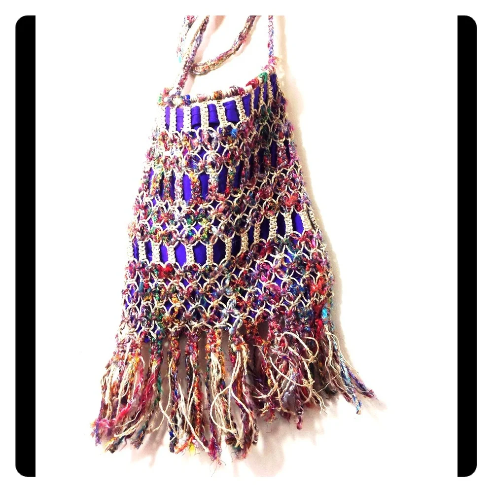 Vintage Silk Handbag Multicolor Crossbody Rattan