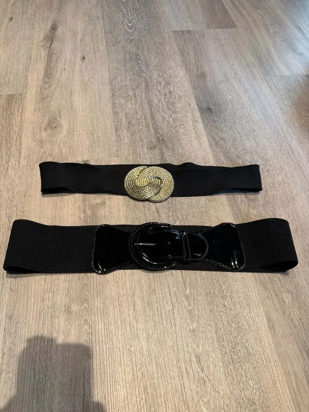 Set of 2 Women Black Elastic Stretch Waist Belts with Gold and Patent Buckles
