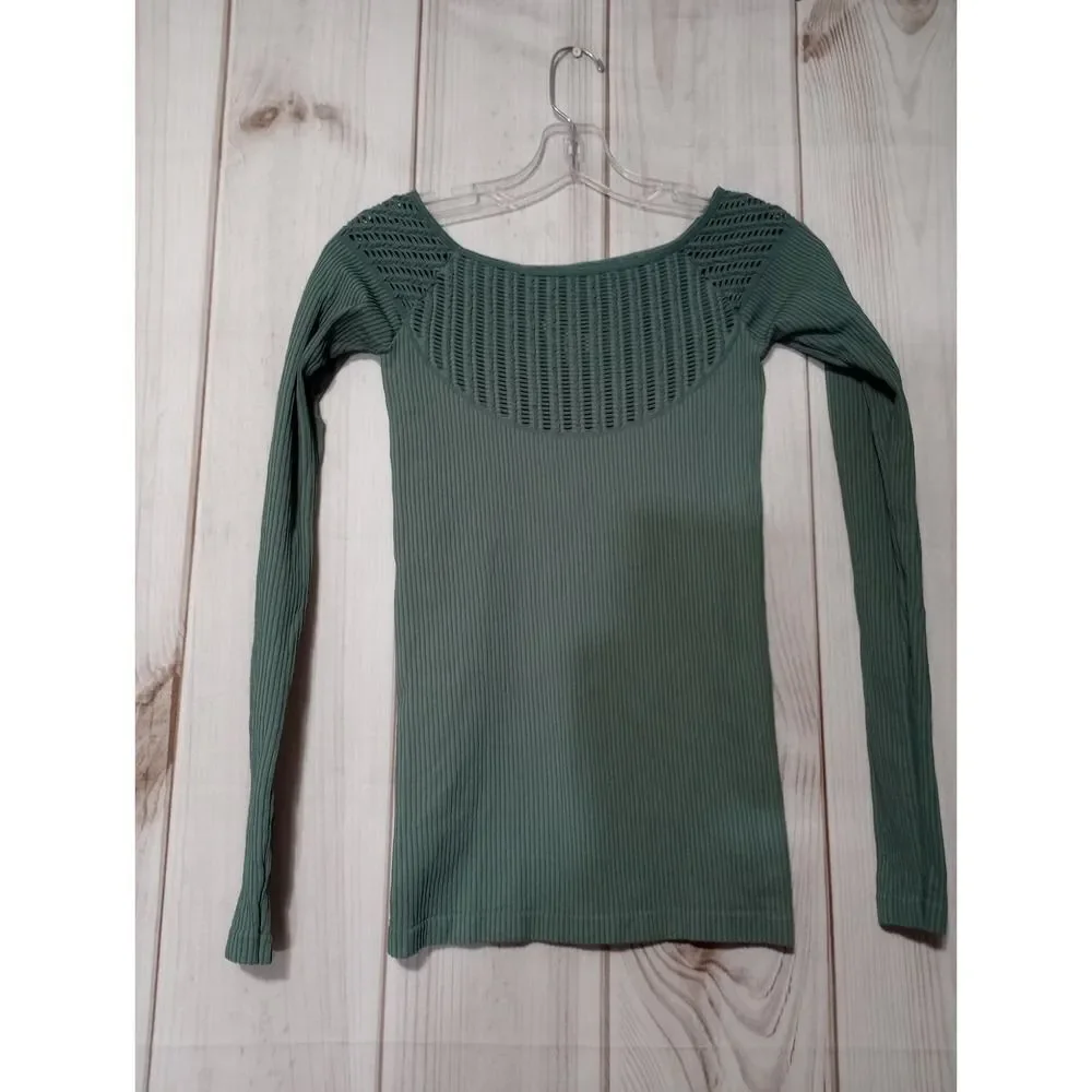 Free People Medium Ribbed Knit Long Sleeve Top Olive‎ Green Cutout Details