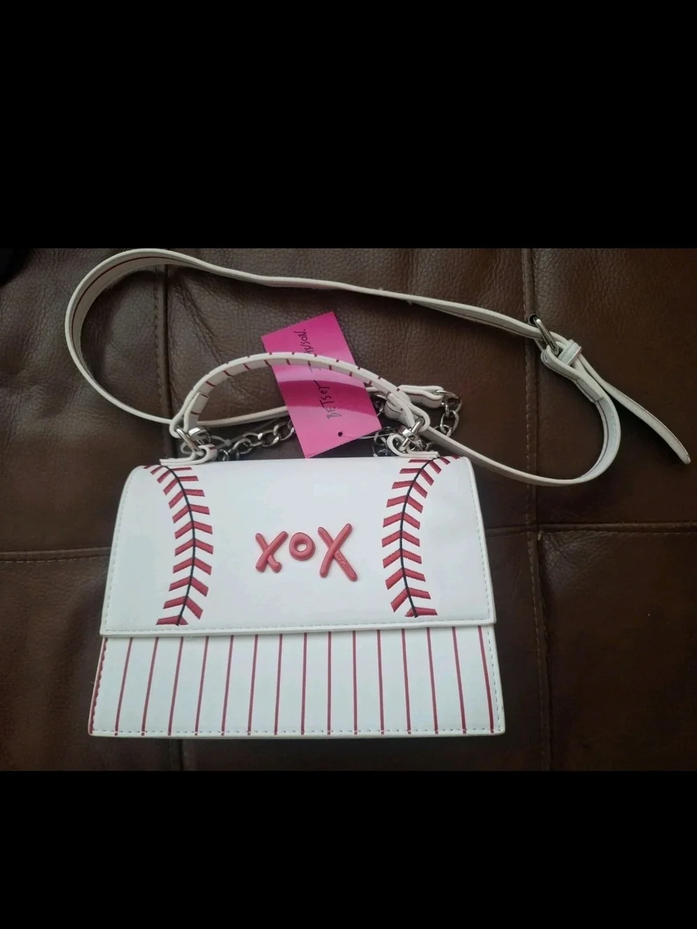 NWT Betsey Johnson Baseball Crossbody Bag White Red XOX Stitch Satchel Purse