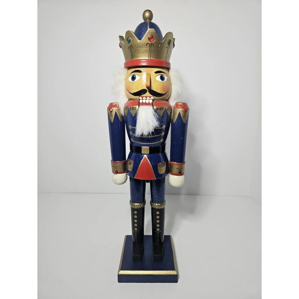 Wood Nutcracker King Blue Gold Glitter Crown Christmas Decor Vintage 15