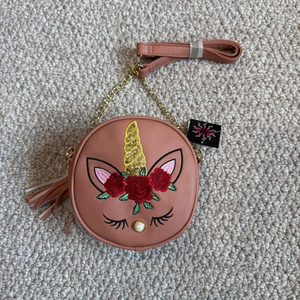 Olivia Miller Girls Pink Unicorn Crossbody‎ Bag Gold Glitter Horn Floral NWT