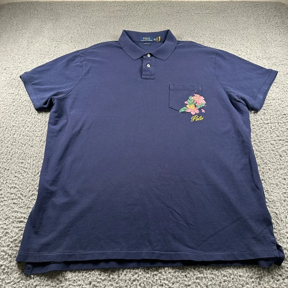 Polo Ralph Lauren Men's Polo Shirt 2XL Navy Cotton‎ Floral Custom Slim Fit