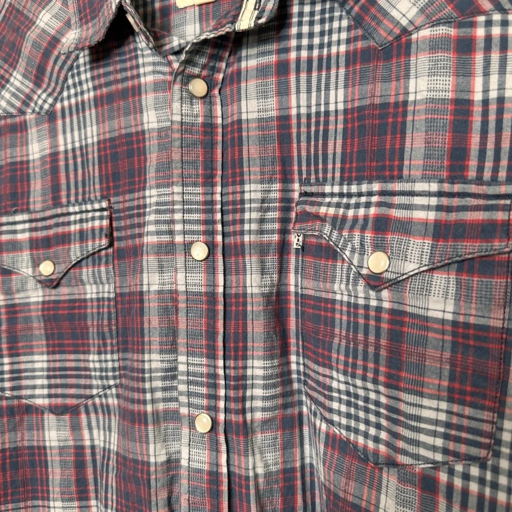 Levis Men XL Short Sleeve Western Plaid Pearl Snap Shirt Red Blue Cowboy Outdoor
