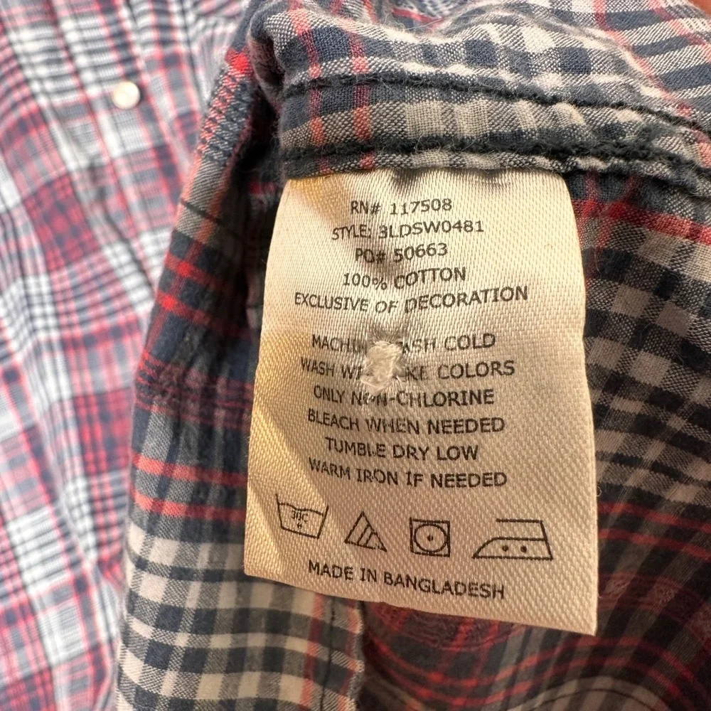 Levis Men XL Short Sleeve Western Plaid Pearl Snap Shirt Red Blue Cowboy Outdoor