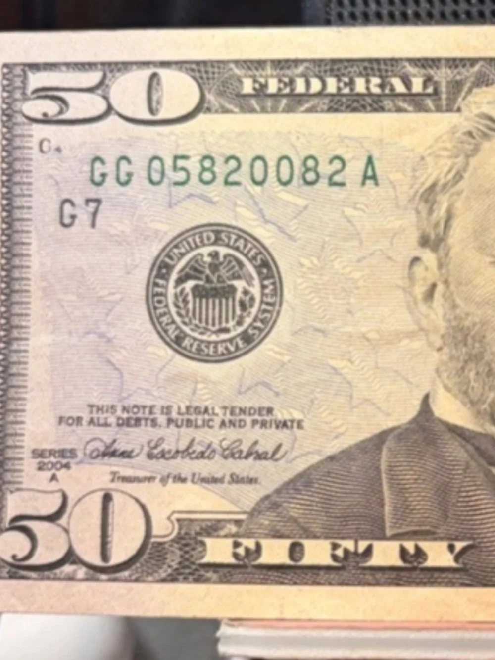 $50 Bill 2004 Slight Tear Low # Gg 05820082 A #206529475118