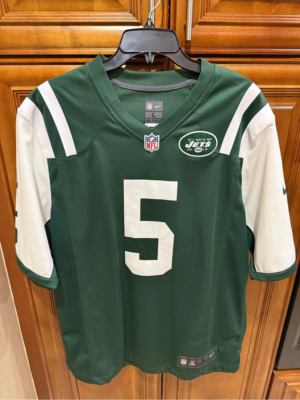 Nike-NY Jets Jersey #5, Size Large Man Authentic NFL On Field Label.