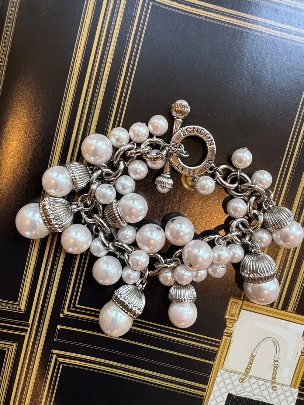 Rare Brighton “My Flat in London” SilverTone Chunky Pearl Charm Bracelet Retired