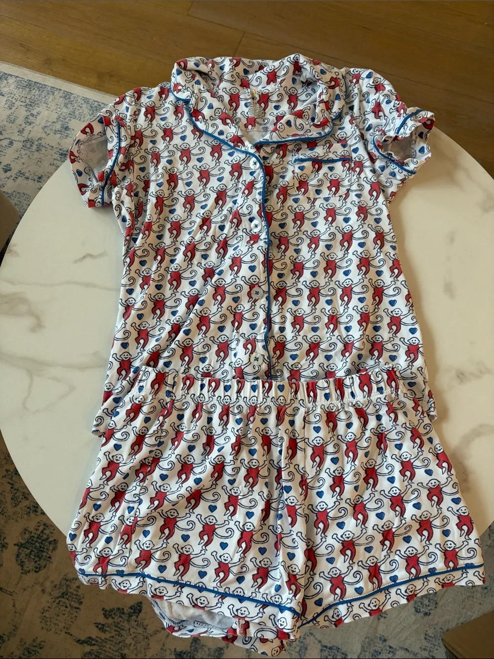 Roller Rabbit White Pajama Set with Red & Blue Monkey Print
