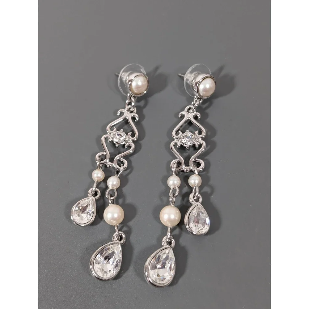 Monet Silver‎ Tone Rhinestone Faux Pearl Chandelier Drop Earrings