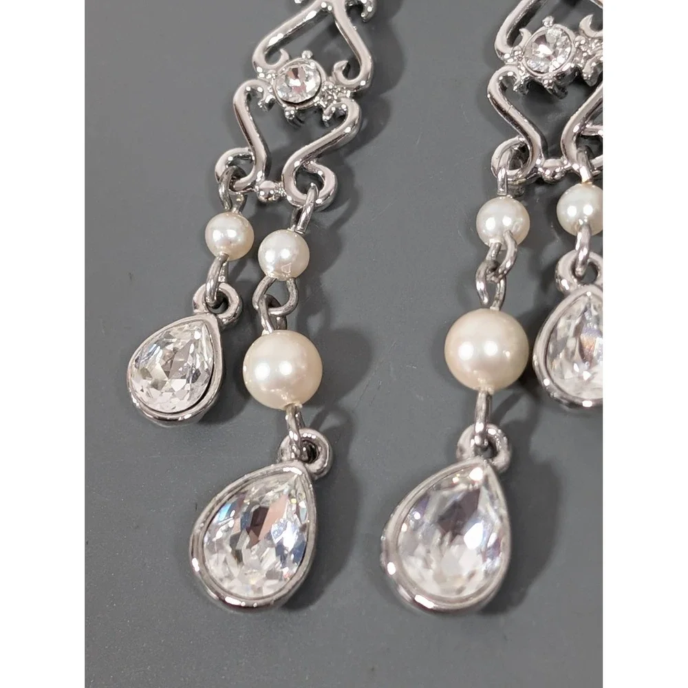 Monet Silver‎ Tone Rhinestone Faux Pearl Chandelier Drop Earrings