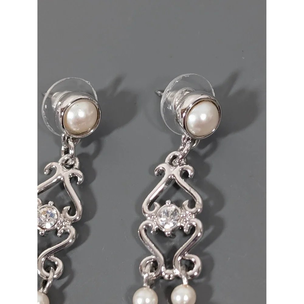 Monet Silver‎ Tone Rhinestone Faux Pearl Chandelier Drop Earrings