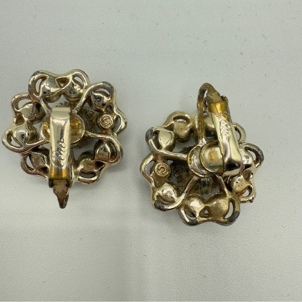 Vintage 1950s Coro Signed AB Floral Crystal Rhinestone Clip On Earrings