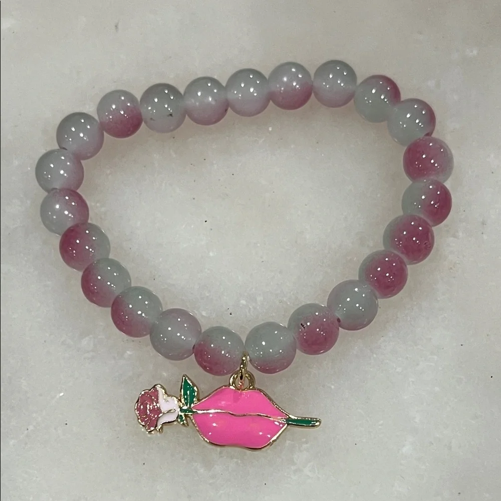 Chic Pink and Gray Beaded Bracelet with Lip Charm