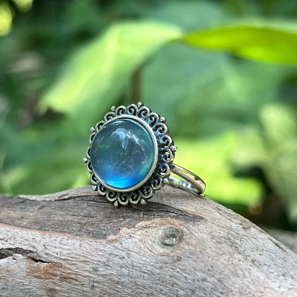 Sterling silver 925‎ stamped adjustable round aquamarine ring 0131
