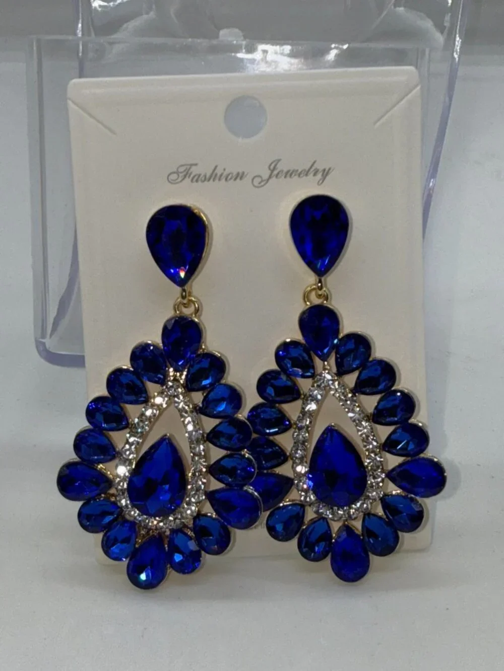 NWT Royal Blue Rhinestone Statement Chandelier Earrings