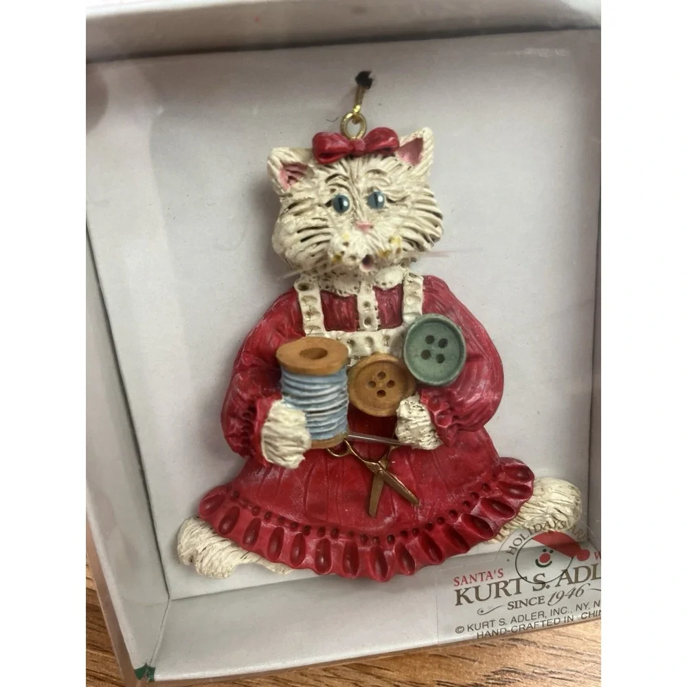 Vintage Kurt Adler Kitty Whiskers Christmas Ornament Sewing Cat NEW in Box