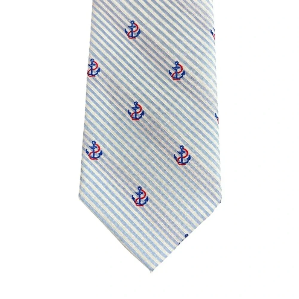 Tackle & Tides Mens Nautical Anchor Stripe Tie Light Blue White Red